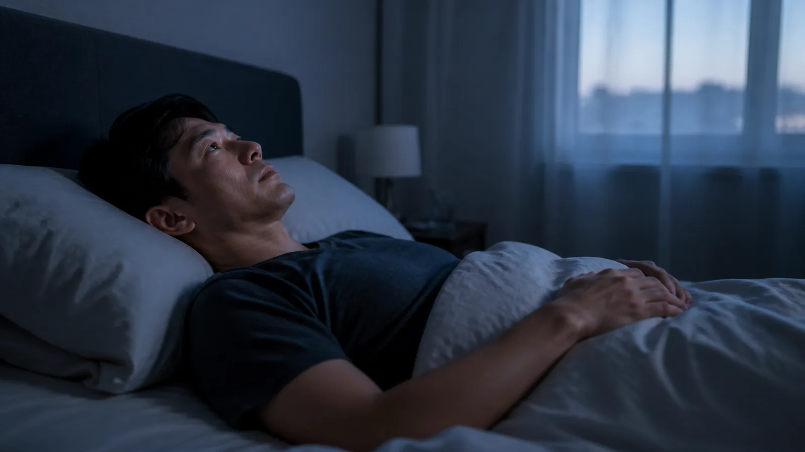 A person lying still and awake in bed in the cool light before dawn.