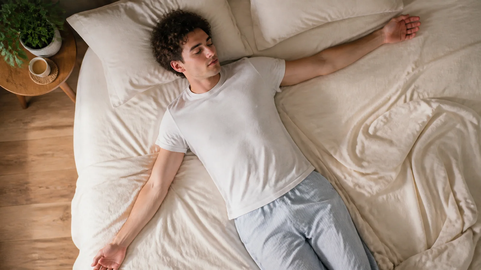An overhead view of a calm person resting on a bed with bright, balanced morning light.