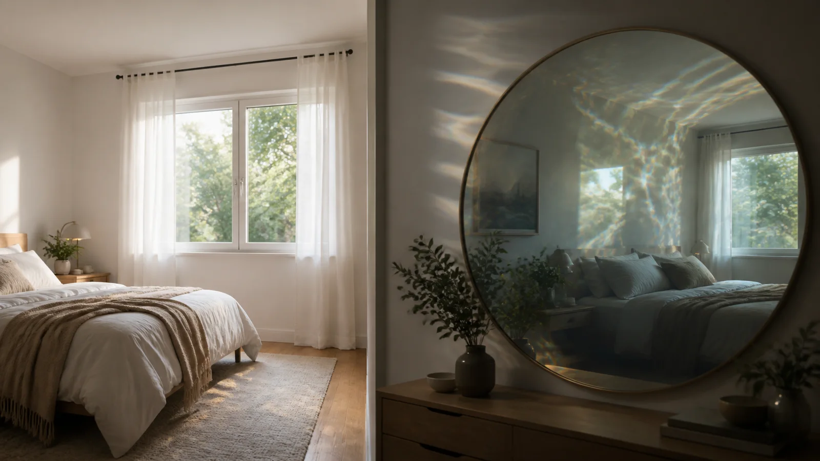 A person facing a mirror-like divide between a bedroom and a vivid dream landscape.