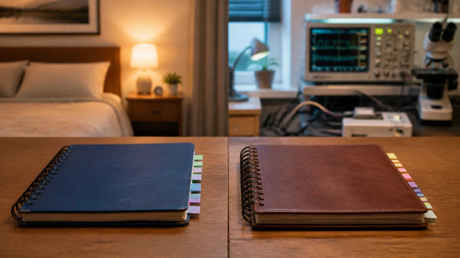Two open notebooks labelled with different approaches beside a calm bedroom window.