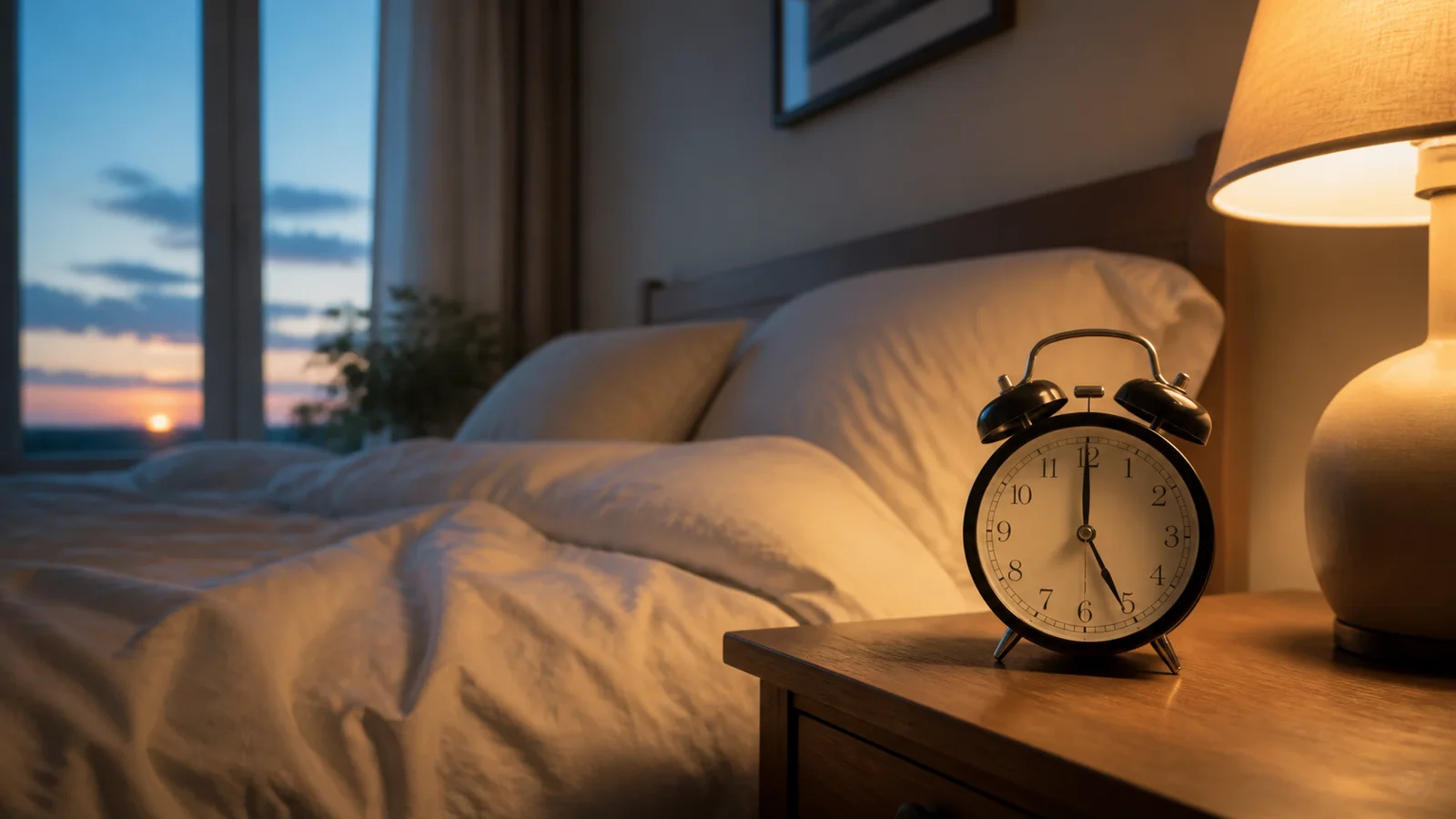 A bedside clock and notebook in warm early morning light.