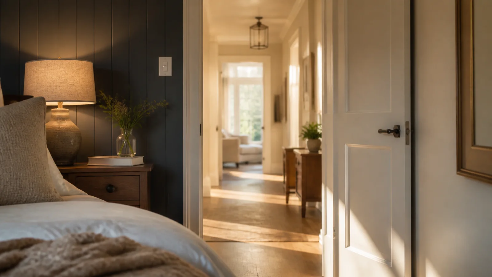 An open bedroom door with warm daylight beyond it and a neatly made bed nearby.