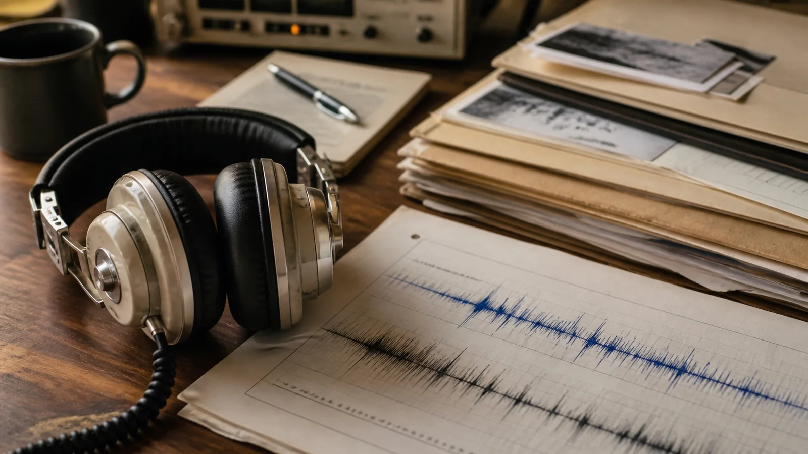 Declassified-style research papers, headphones and a pencil arranged on a clean desk.