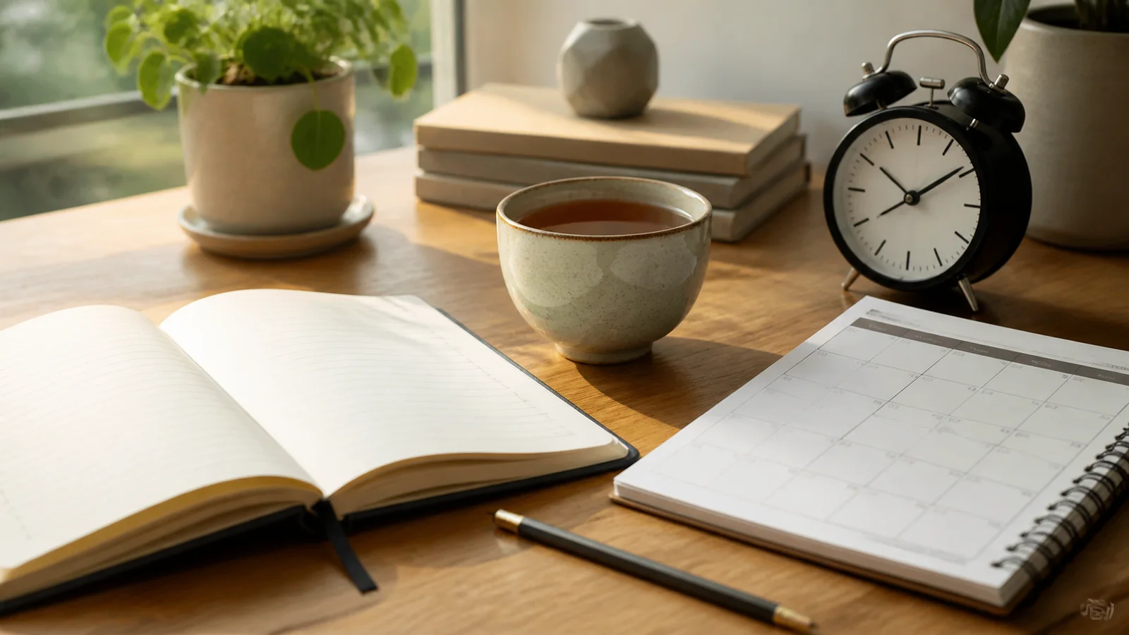 A practice journal, calendar and pencil on a bright bedside table.