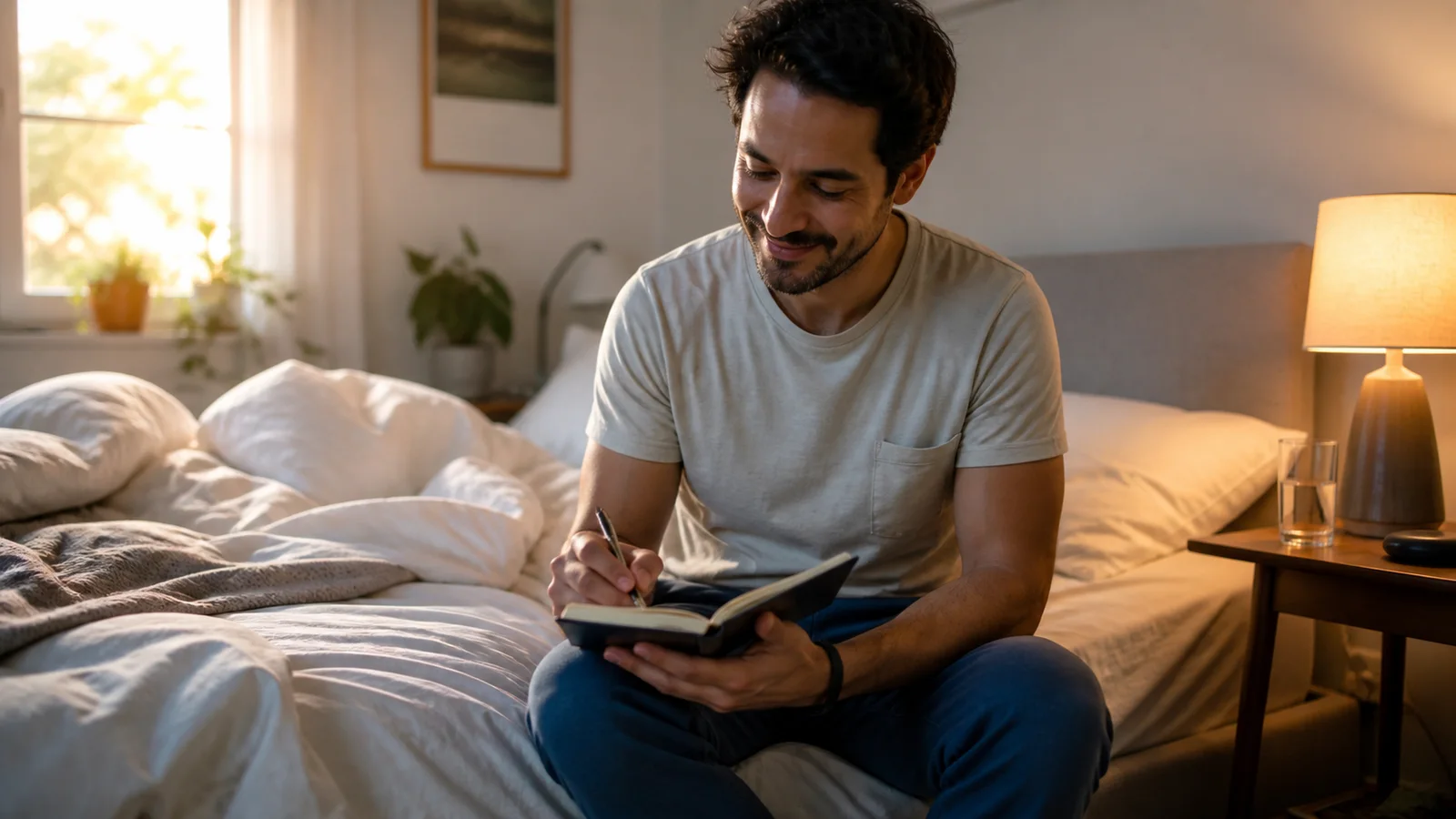 A smiling person in a light top writing in a practice journal beside a bright bed at dawn.