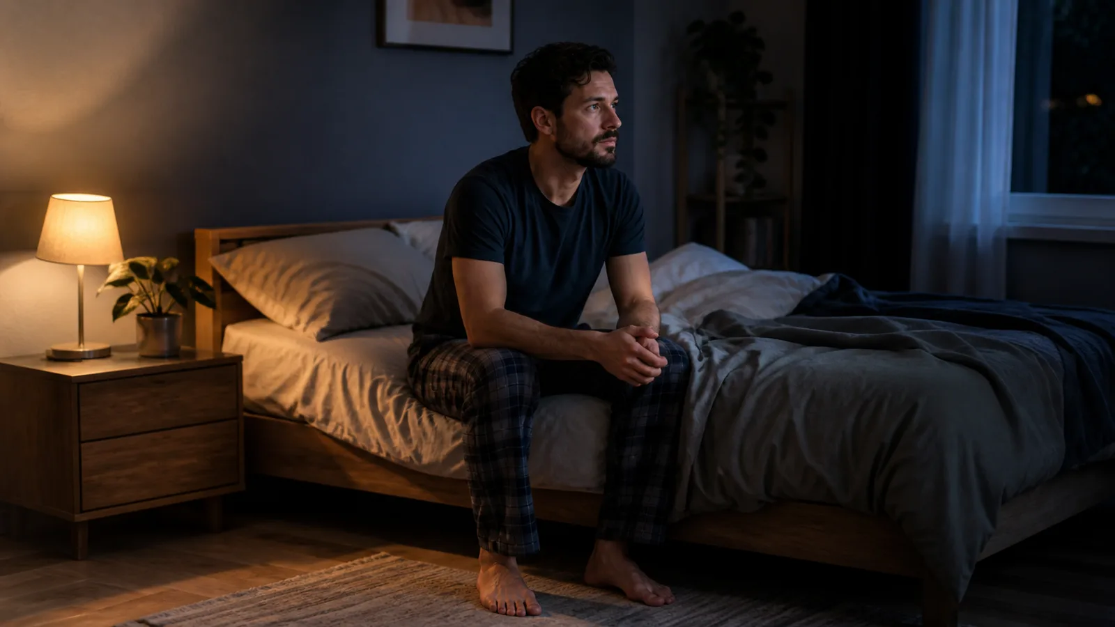 A person sitting calmly on the edge of a bed at night after waking.