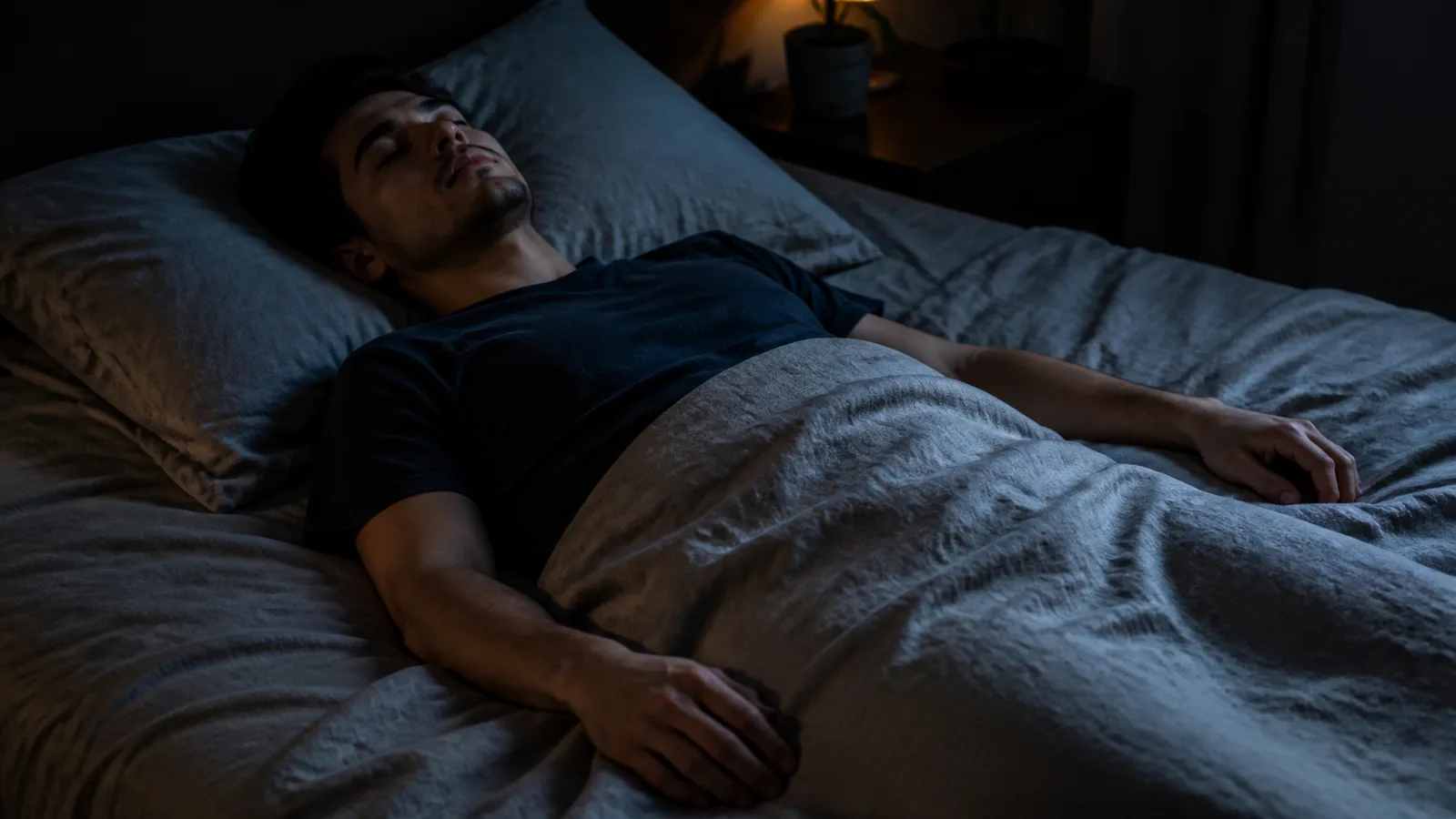 A person resting motionless in bed with their eyes closed and hands relaxed.