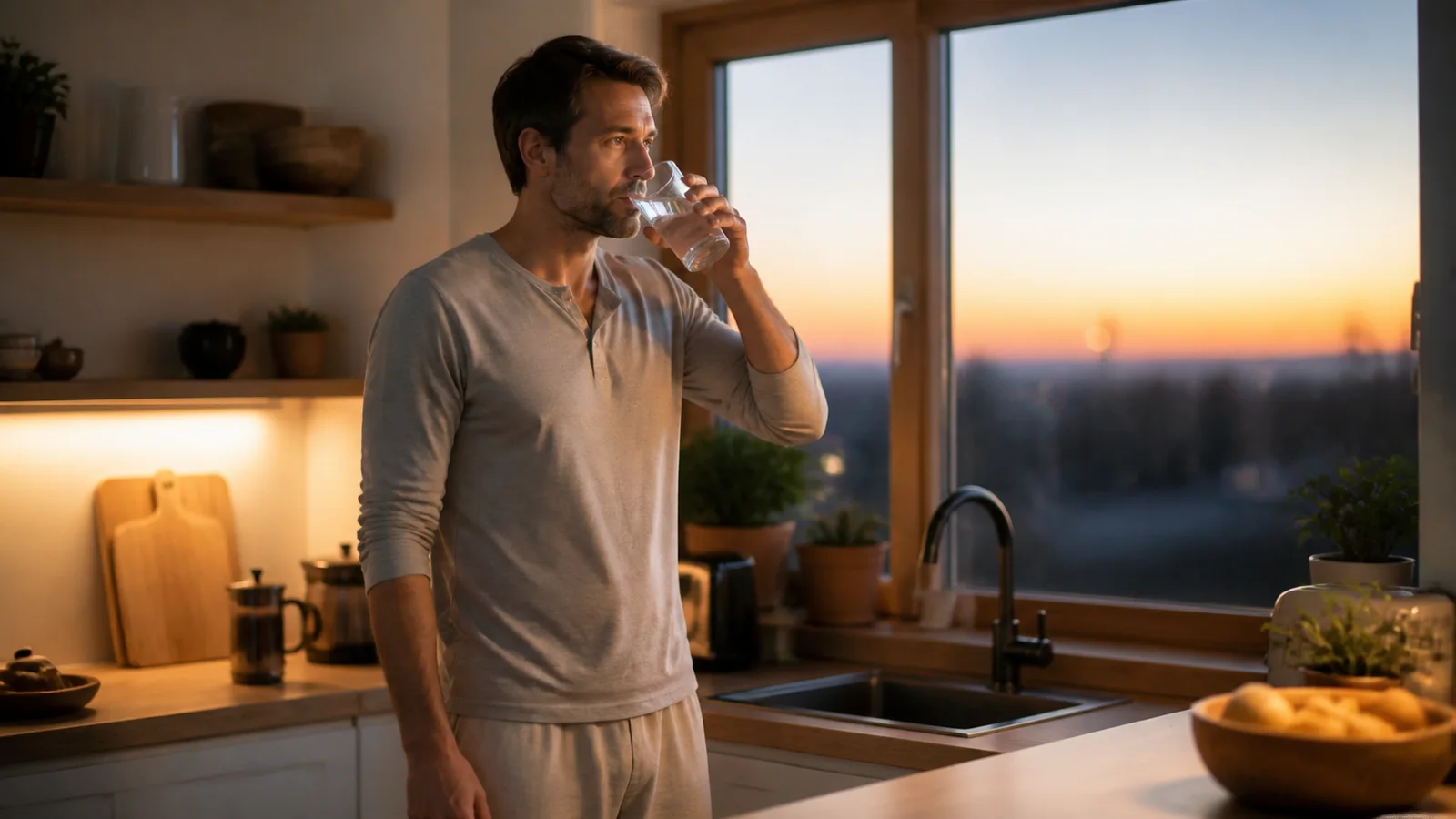 A calm person drinking water in a softly lit kitchen before returning to bed.