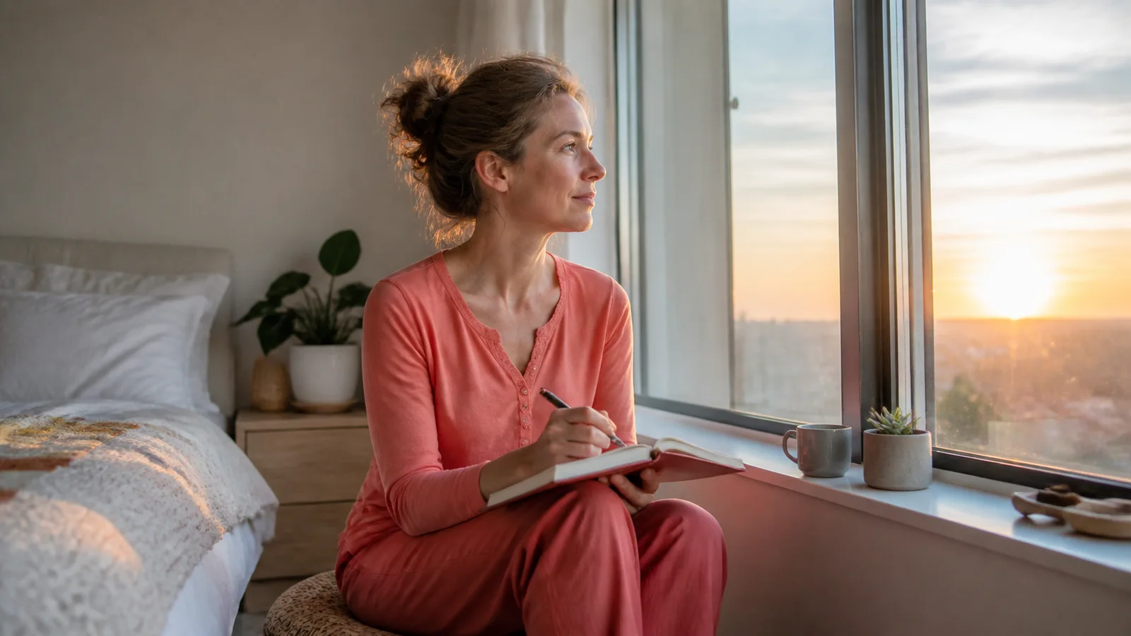 A thoughtful person sitting beside a bright bedroom window after waking.