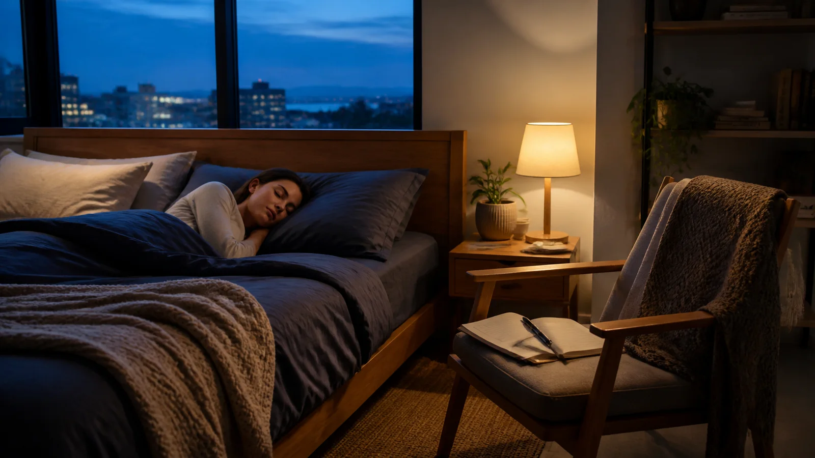 A warm modern bedroom at dawn with a person resting calmly and soft light entering the room.
