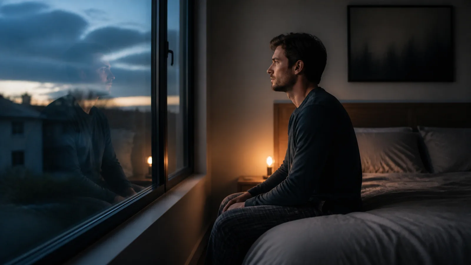 A person sitting beside a bedroom window before dawn, looking at their reflection.