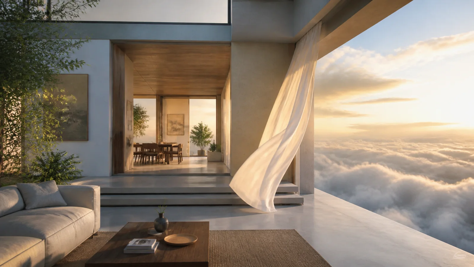 Modern architecture opening onto an expansive luminous sky above clouds.