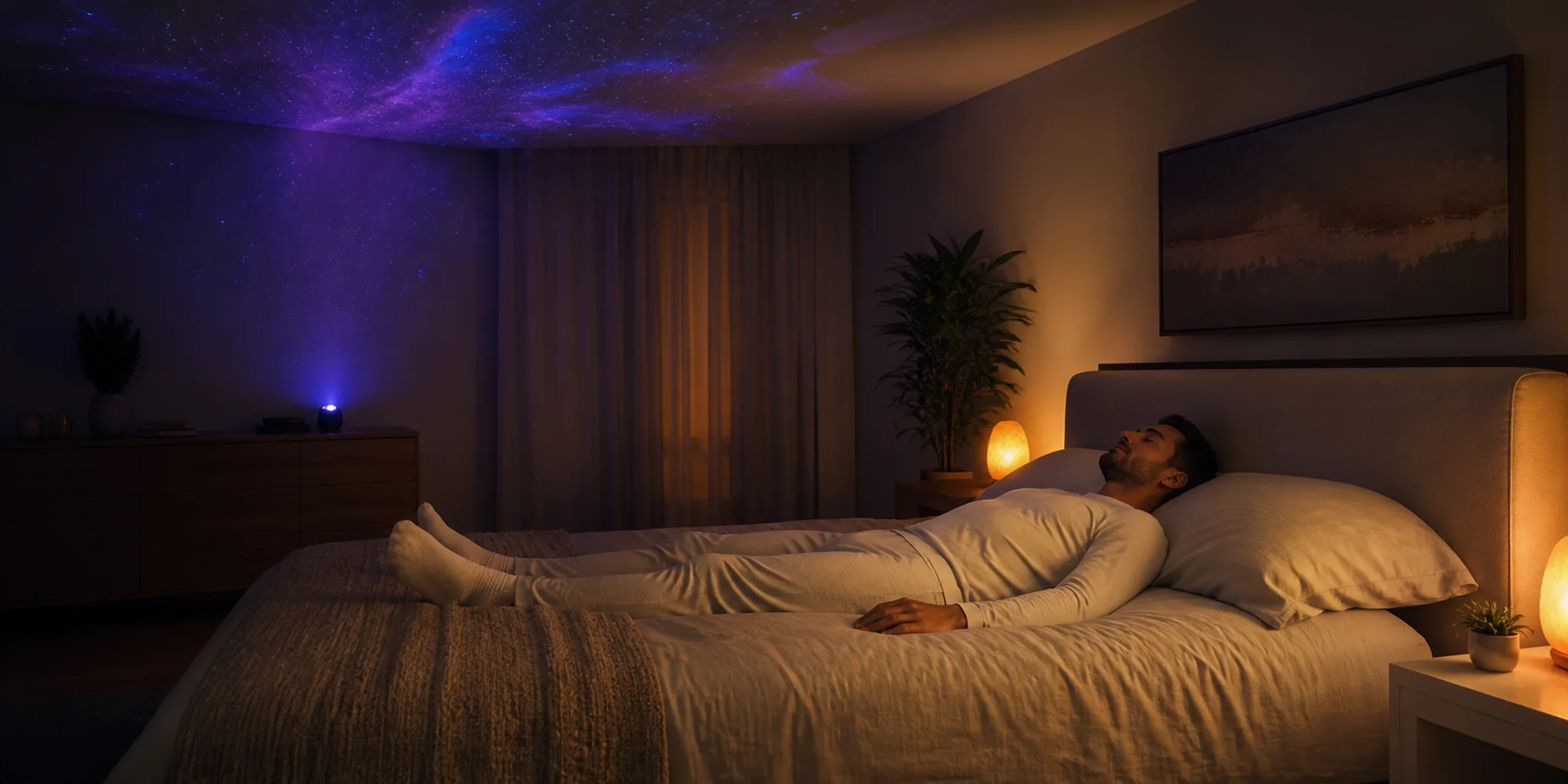 A person lying calmly on a bed at night with their eyes closed and their arms by their sides.